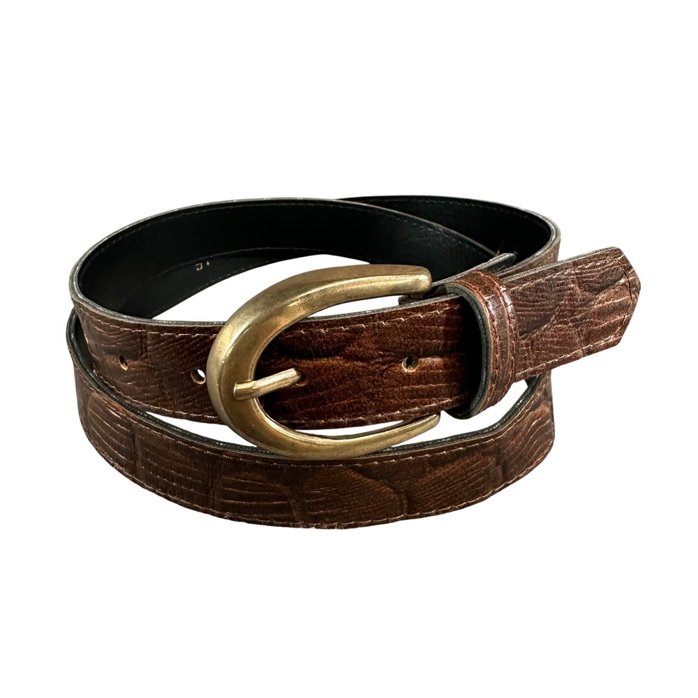 Dark Brown Faux Crocodile Embossed Belt Gold Buckle Size 16 1 Inch Wide